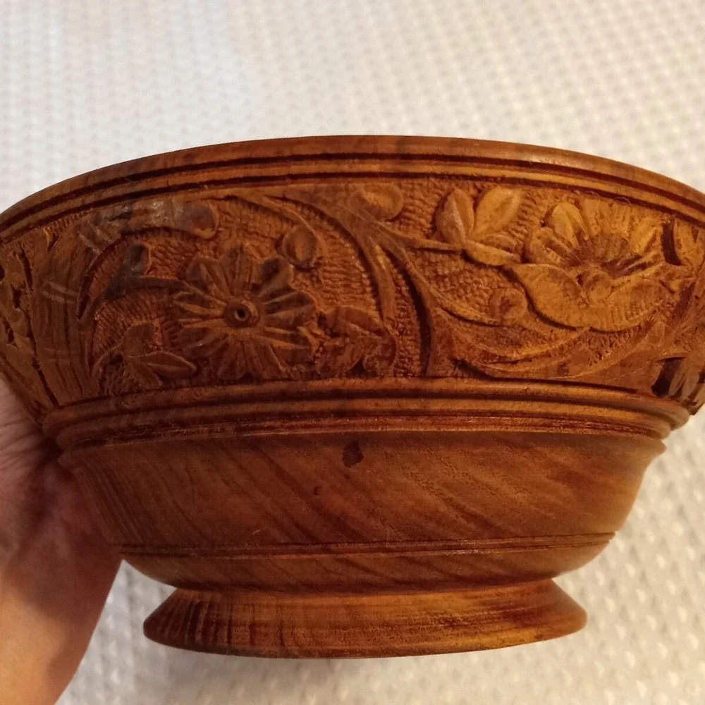 Wood Hand Carved Decorative Flowers Round Bowl Boho Made in India Vtg 8.25